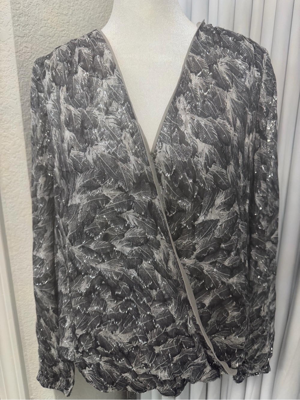 NWT White House Black Market Silver Metallic Feather Surplice Wrap Blouse 4